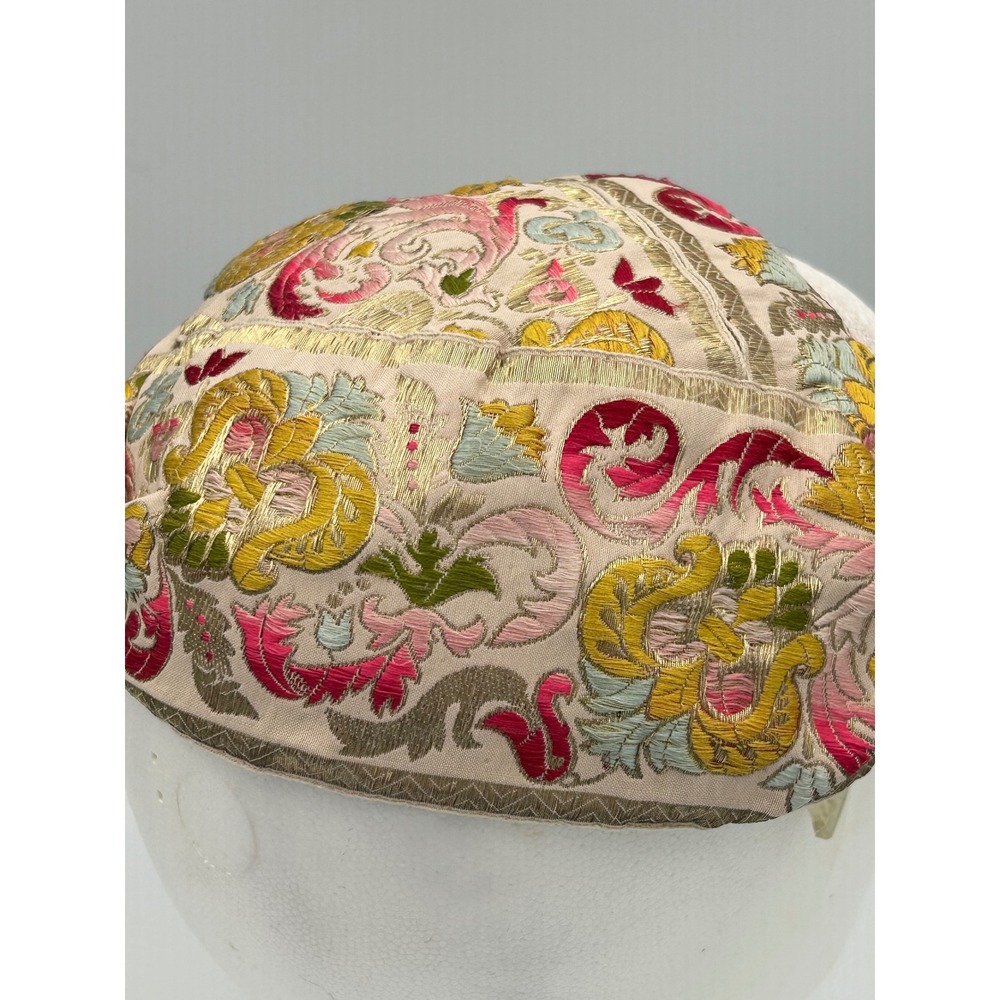 Vintage Jo Bailey Hats Embroidered Floral Pillbox Fascinator Gold Metallic Pink - Picture 7 of 13